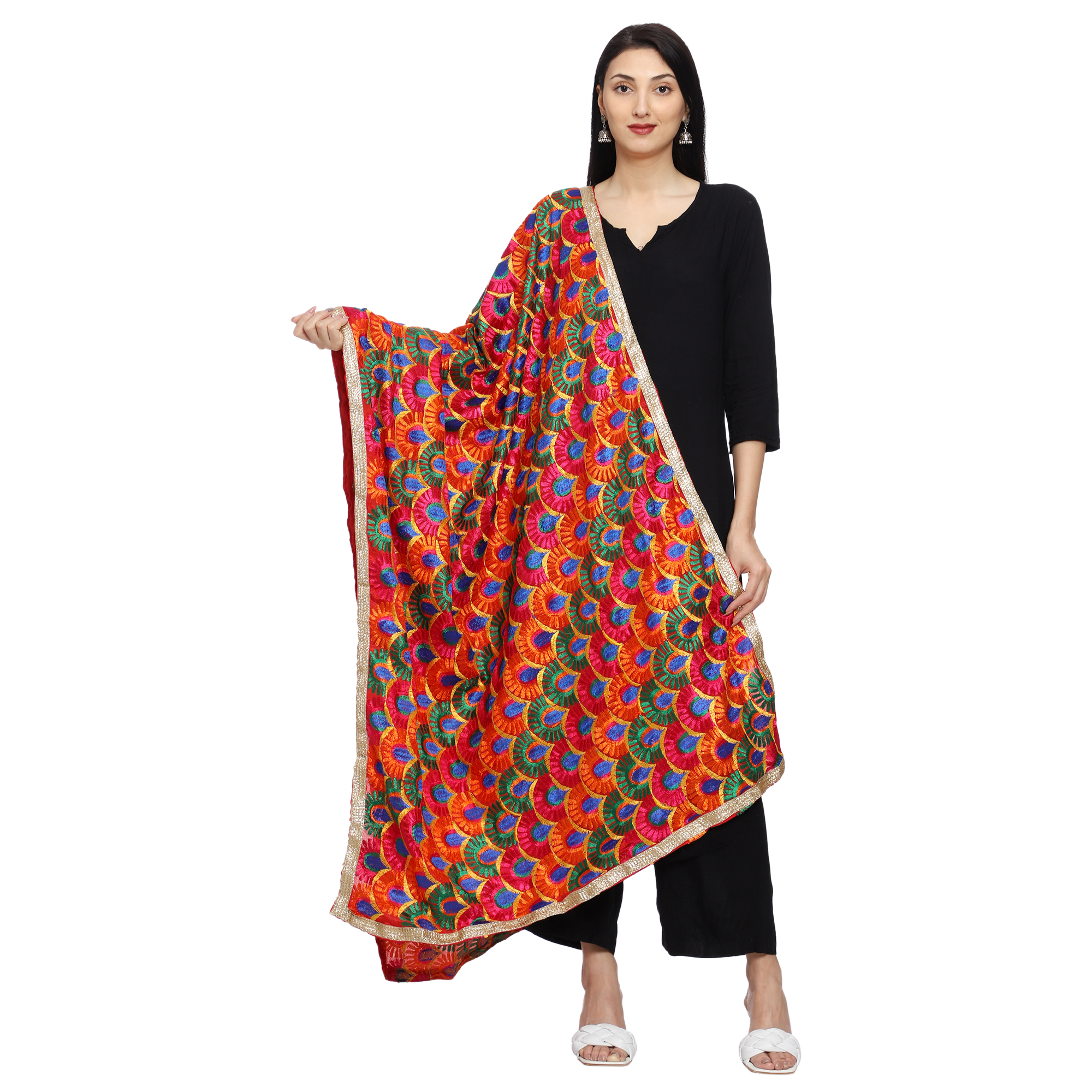 Peacock Design Women's Phulkari Embroider Chiffon Dupatta