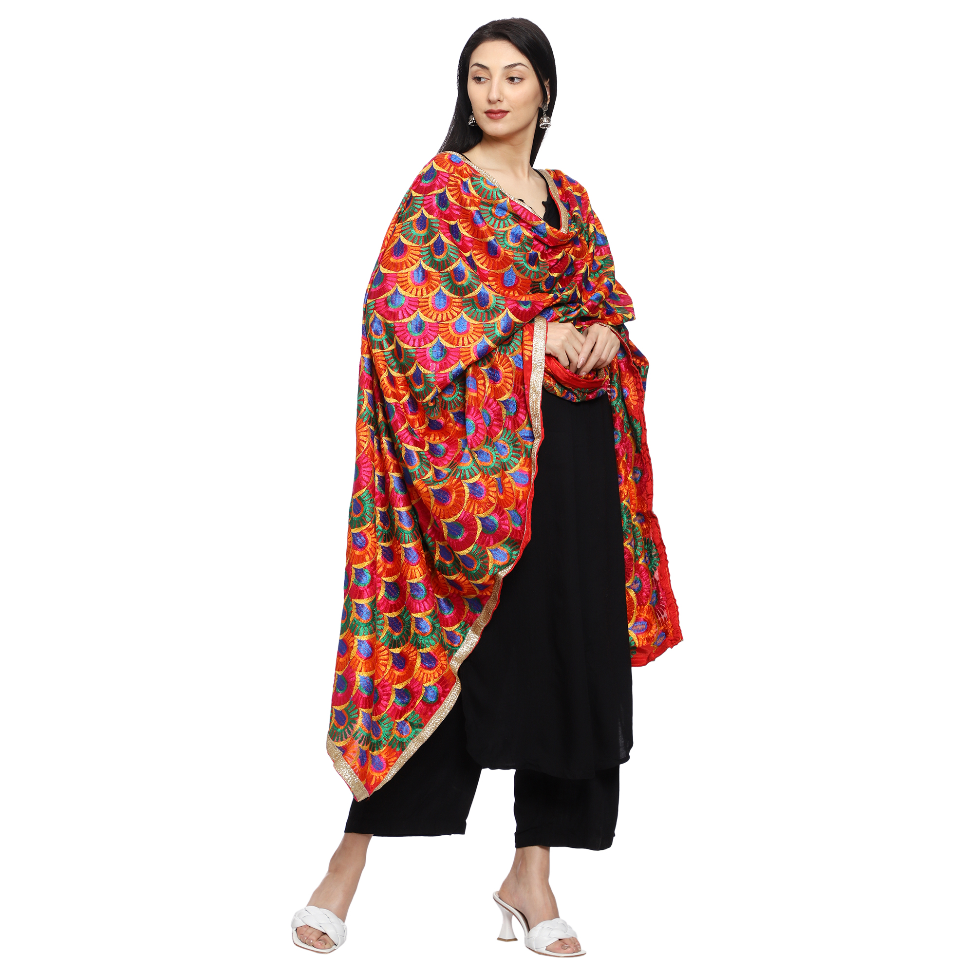 Peacock Design Women's Phulkari Embroider Chiffon Dupatta - Image 2