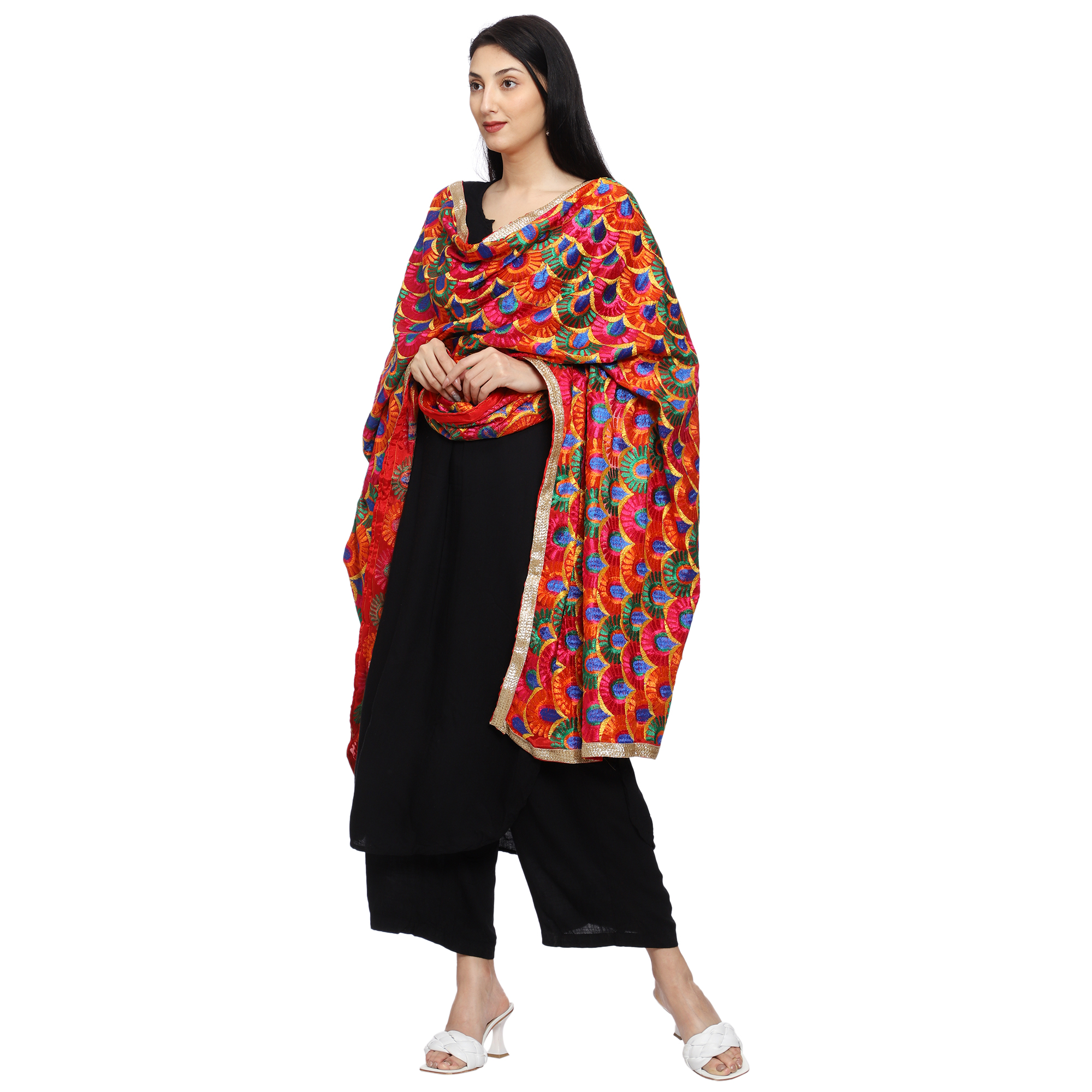Peacock Design Women's Phulkari Embroider Chiffon Dupatta - Image 4