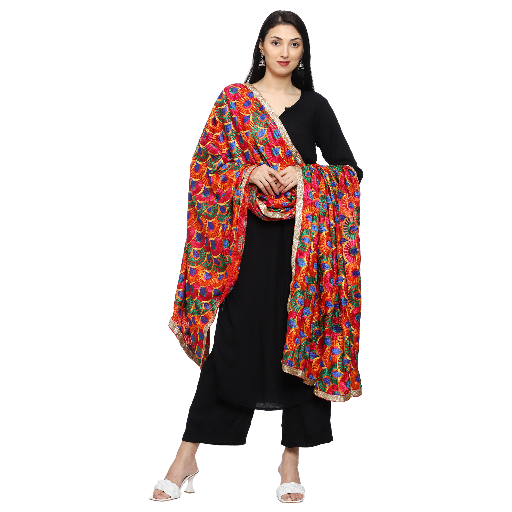 Peacock Design Women's Phulkari Embroider Chiffon Dupatta - Image 3